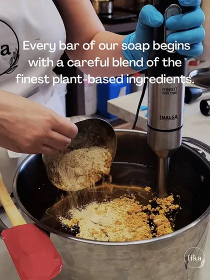 Every bar of my soap begins with a careful blend of the finest plant-based ingredients. Here, I'm adding natural powders to a base of nourishing oils, the first step in creating a targeted, effective formula.