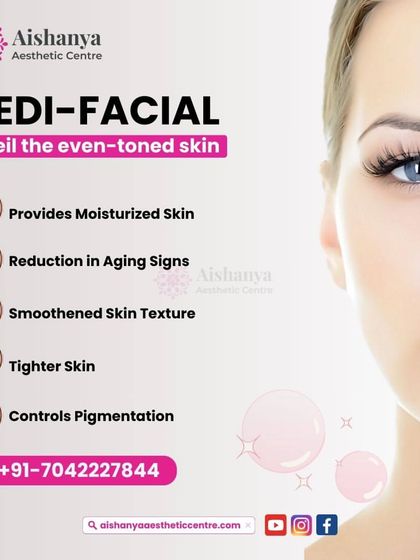 This graphic explains the benefits of a medi-facial. It's a treatment that can provide deep moisturization, reduce signs of aging, smooth skin texture, and even help control pigmentation.