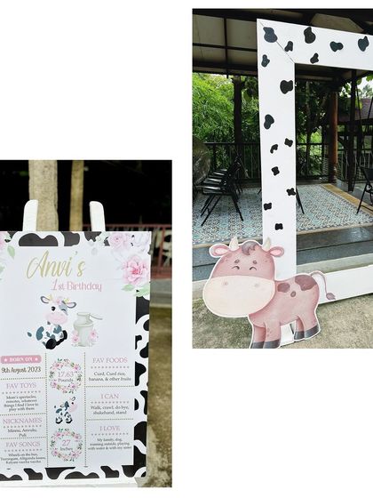 A duplicate image of the custom milestone board and photo frame for the farm-themed party.