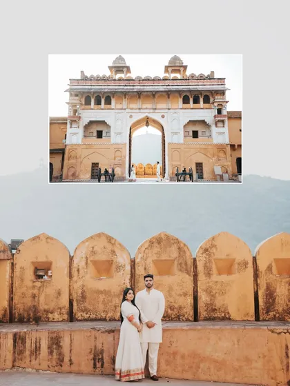 A creative composition showing the couple against the fort walls, with an inset image of the grand entrance, telling a layered story.