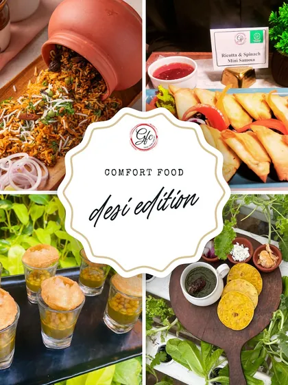 Flavors that feel like home. This collage celebrates our 'desi edition' comfort foods, from biryani and samosas to pani puri.