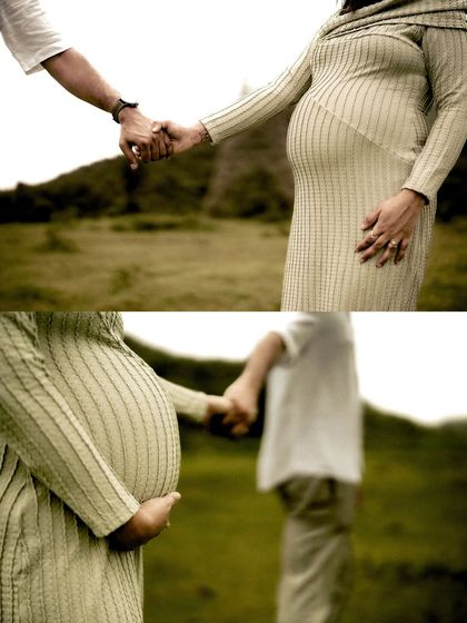 A collage focusing on the detail of their intertwined hands, paired with a wider shot of them walking together. It emphasizes both the small gestures and the larger journey.