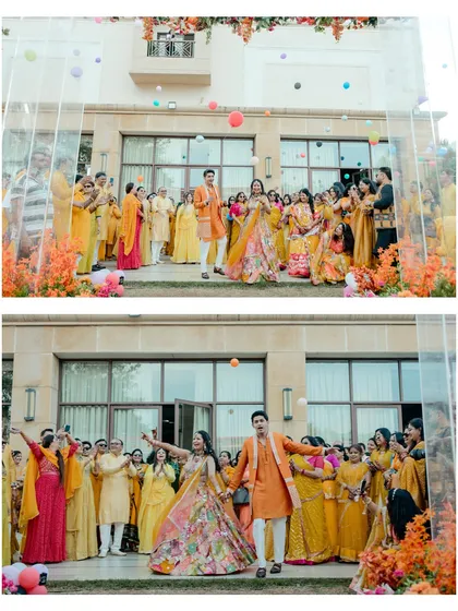 A collage of the couple's grand entrance at their outdoor Haldi, with guests throwing colourful balls in celebration.