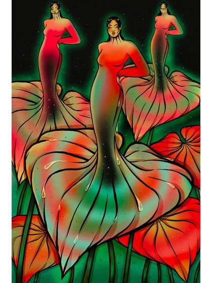 A full view of the 'Anthurium Empresses,' showcasing the trio of figures as a powerful, unified presence in a lush, surreal environment.