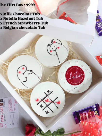 Introducing 'The Flirt Box'. ❤️ This super cute set includes four of my popular tub cakes in different flavors, decorated with fun designs. It's the perfect sweet gift for your special someone.