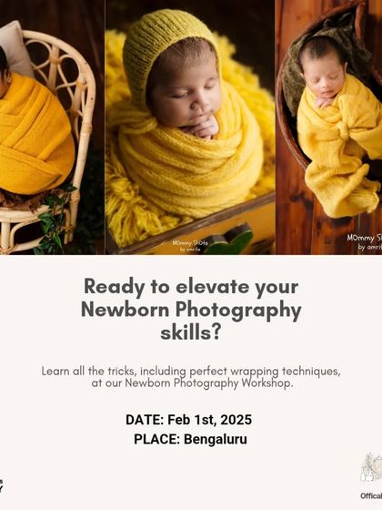 A promotional graphic for the Newborn Photography Workshop, highlighting wrapping techniques.