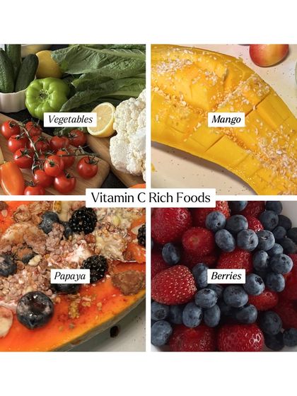 Vitamin C is a powerful antioxidant that supports slow aging. You can find it in abundance in vegetables, mangoes, papaya, and berries. It's essential for skin health and immunity.