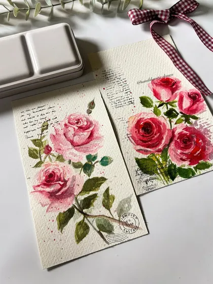 Here are two of my watercolor rose cards side-by-side. You can see the slight variations in the floral arrangements, making each handmade card a unique piece of art.
