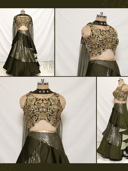 A closer look at our festive Hariyali Teej outfit. This olive green and gold lehenga is designed with intricate embroidery and a layered skirt for a truly special look.