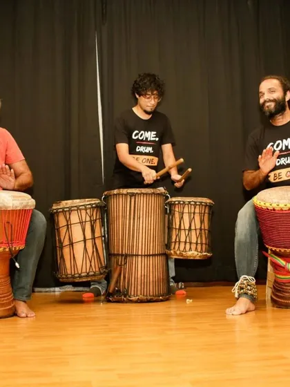 Three of us drumming together, each with a different instrument from the West African percussion family. This showcases the rich textures and sounds you can create with a small ensemble.