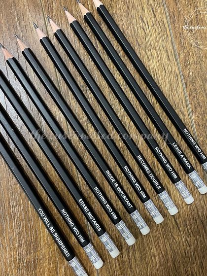 Because your ideas deserve a personal touch. This set of black pencils is customized with unique, motivational phrases, making them a great small gift or addition to a stationery set.