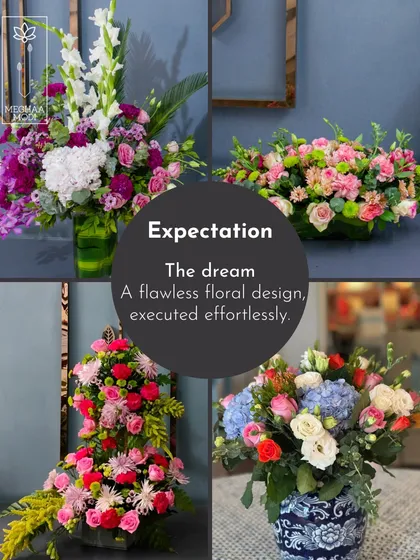 This collage showcases the expectation versus reality of floristry. The flawless final designs are the result of the hard work and creative chaos of the process.