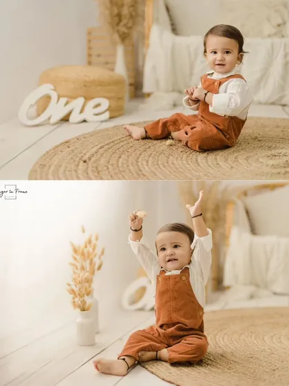 A collage showing this little one's playful side during his first birthday photoshoot in our boho setup.