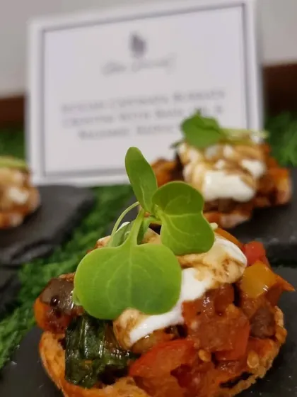 Sicilian Burrata Caponata Bruschetta with a balsamic glaze. This was a favourite at the Italian Consul General's party, a perfect bite of authentic Italian flavour.