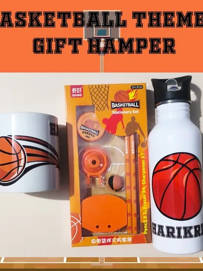 Score big with this basketball-themed gift hamper. It comes with a personalized water bottle, a matching mug, and a basketball stationery set.