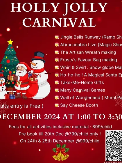 A detailed poster for our Holly Jolly Carnival, complete with a QR code for easy booking. We ensure all information is readily available for parents.