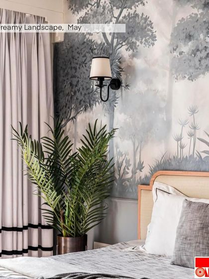 A view of a "Dreamy Landscape" mural in a bedroom setting. The sepia and grey tones create a soft, ethereal atmosphere, perfect for a restful space.