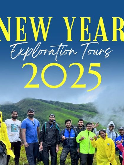 A poster for our New Year Exploration Tours for 2025, featuring a happy group on a monsoon trek.