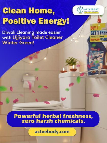Clean home, positive energy! This image makes Diwali cleaning easier with Ujjiyara Toilet Cleaner, promising powerful herbal freshness with zero harsh chemicals and a Buy 1 Get 1 Free deal.