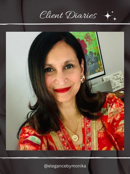 A beautiful selfie from a client wearing a vibrant red printed outfit. She has accessorized with a simple gold chain and pendant, along with delicate earrings, for a chic and polished look.