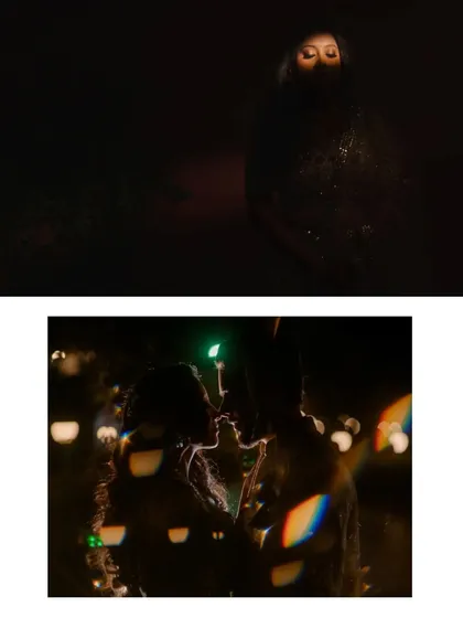 A collage of two creative, low-light portraits. One uses a sliver of light to highlight the bride's eyes, while the other is a backlit silhouette, showcasing different artistic approaches to night photography.
