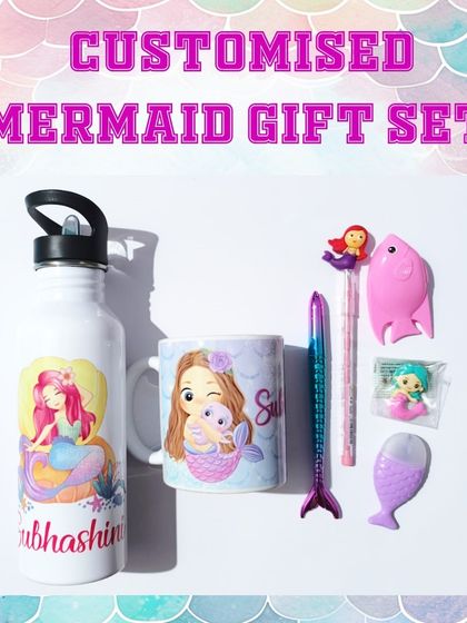 This complete mermaid gift set is perfect for any under-the-sea party. It includes a personalized water bottle, a matching mug, and a full set of mermaid-themed stationery.