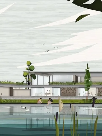 A second illustrated view of the Alibaug home, this time from across the pond. This style of drawing allows us to convey the poetic narrative of the project, showing how the house sits within its natural context of water, trees, and fields.