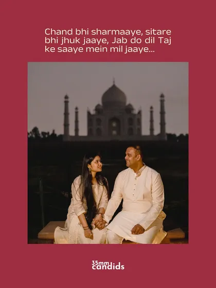 In the shadow of the Taj Mahal, the ultimate symbol of love. This pre-wedding portrait is classic, romantic, and deeply meaningful.