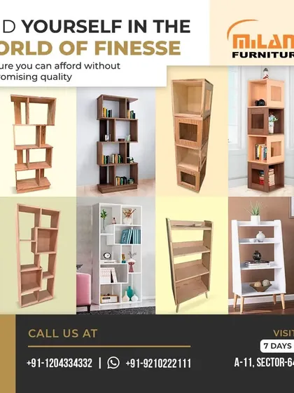 Find yourself in the world of finesse with our versatile shelving units. This image shows a variety of our bookshelf and display rack designs, which can be customized in size and finish.