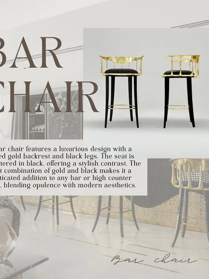 A luxurious bar chair with a polished gold backrest and black upholstered seat. The elegant combination of gold and black makes it a sophisticated addition to any bar.