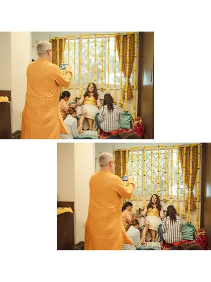 A proud father captures his daughter's mehendi ceremony on his phone, a modern touch to a timeless tradition.
