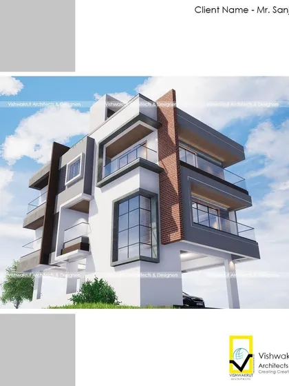 An alternate architectural render for the Stilt+2 building in Uran, showcasing a different combination of materials and colors for the facade.