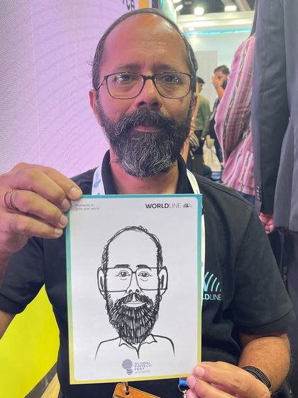 A professionally drawn caricature for a guest at the Worldline exhibition, showcasing our consistent quality even at high-volume events.