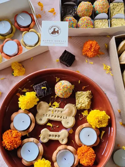 This is how we do Diwali for our dogs. The platter includes a variety of my desi treats like laddoos and barfis, alongside dog-safe gujiyas and edible diyas, so the whole family can celebrate together.