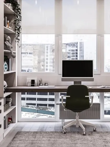 A view of the study area, which is placed by a large window to get plenty of natural light. We design kids' rooms to be both inspiring and practical for schoolwork.