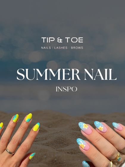 A collage of summer nail inspiration, featuring bright, fun designs perfect for the sunny season.