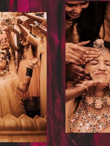 A collage showing the emotional and fun moments of a bride's Haldi, from being showered with petals to having paste applied.