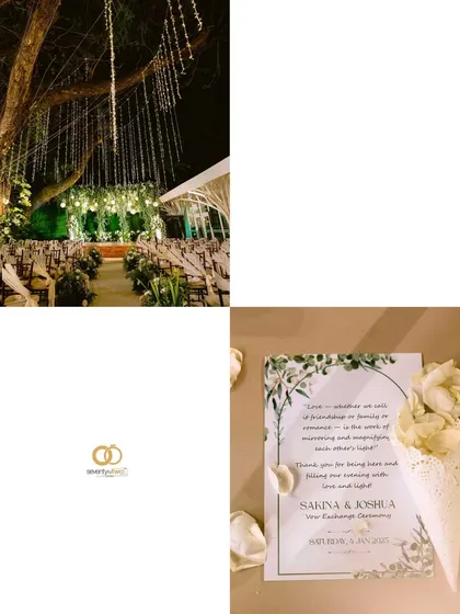 A collage showing the beautiful details of the vow exchange ceremony, from the elegant decor to the heartfelt wedding invitation.