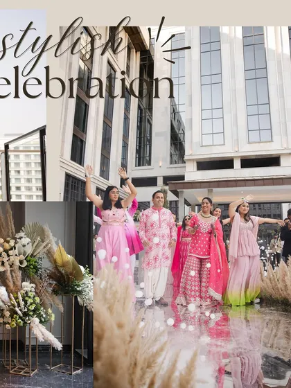 A stylish celebration captured in a collage, showing the bride's grand entry and the elegant boho-chic decor details.