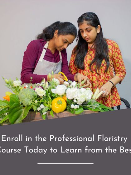 Enroll in the Professional Floristry Course to learn from the best. Here, students work with fresh produce like baby corn and bell peppers, learning how to incorporate unconventional elements into their designs.