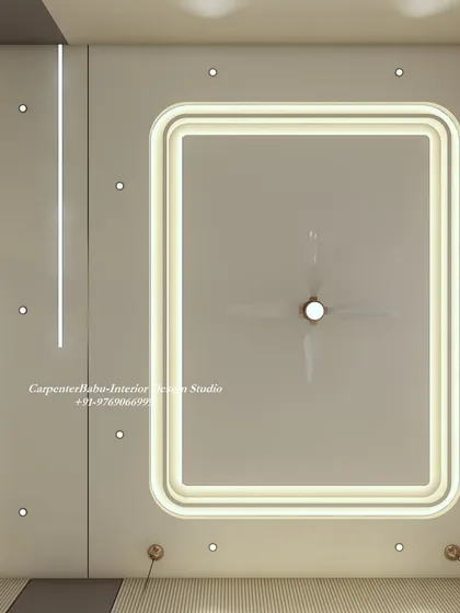 A bedroom false ceiling with a central illuminated panel and linear lights, creating a modern and dynamic look.