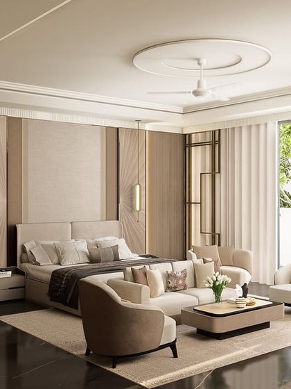 A wider view of the Palam Vihar master bedroom, showcasing the integrated study desk and seating area. The design combines wood paneling, pendant lighting, and soft textiles to create a cohesive and luxurious suite.