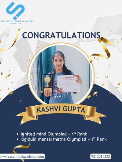 Congratulations to our Olympiad champion, Kashvi Gupta. She secured the 1st Rank in both the Ignited Mind Olympiad and the Logiquid Mental Maths Olympiad, showcasing exceptional talent.