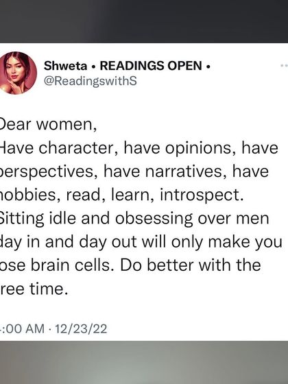 A screenshot of my tweet with a resolution for women. Have character, opinions, and hobbies. Read, learn, and introspect. Do better with your free time than obsessing over men.