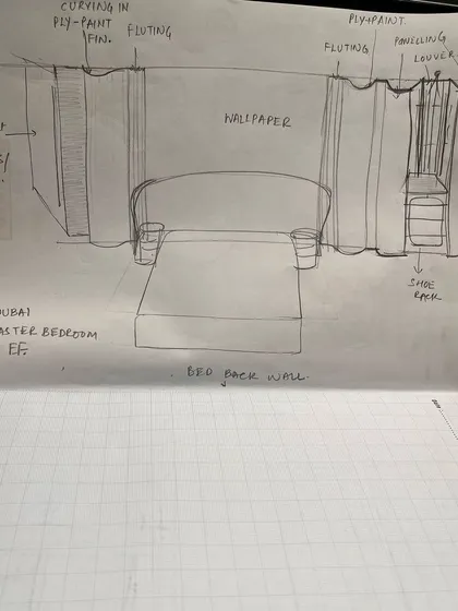 An early sketch for a master bedroom's back wall. This drawing explores ideas for fluting, paneling, and integrated shoe storage, laying the groundwork for a highly customized and thoughtfully designed space.
