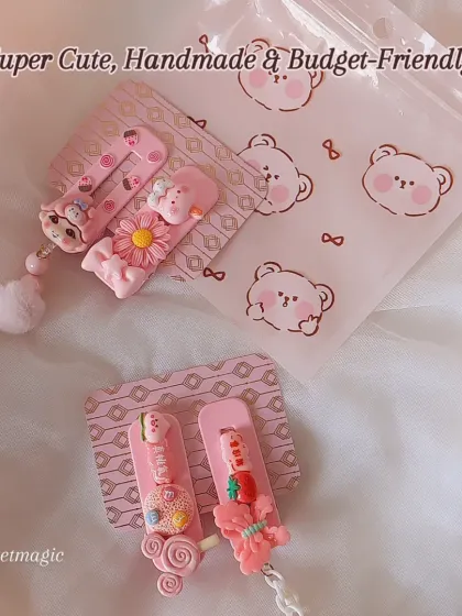 Super cute, handmade, and budget-friendly. This image shows two pairs of my pink hair clips, packaged and ready to go.