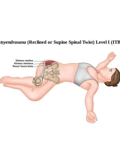 Supta Matsyendrasana (Supine Spinal Twist) is a restorative pose that provides a gentle stretch for the gluteus medius and IT band, as shown in this anatomical drawing.