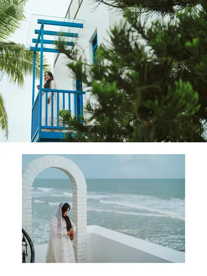 A bride's quiet contemplation by the sea. These portraits of Aysha were taken at a stunning seaside venue, using the architecture and the ocean to create a serene and beautiful narrative for her wedding story.