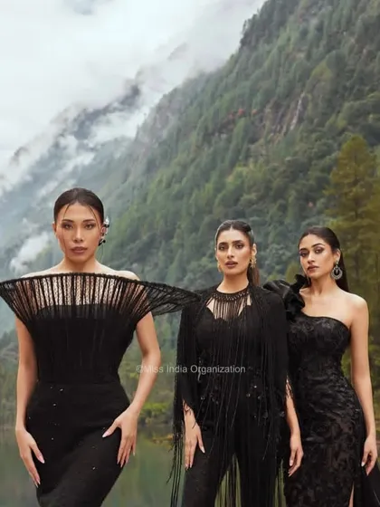 Three models in black evening wear, showcasing a range of sophisticated hairstyles created by our team, from a sleek ponytail to a structured updo.