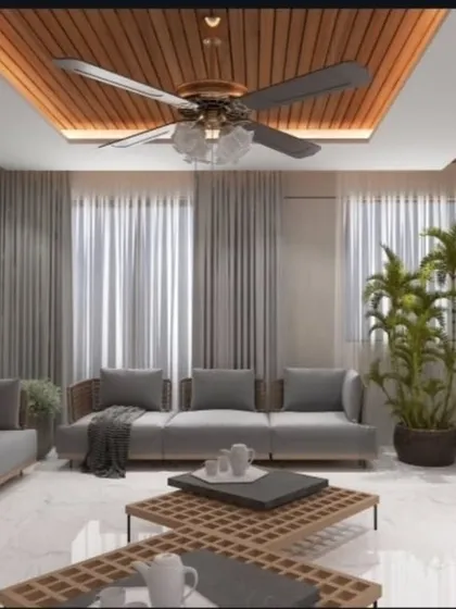 This render shows a proposed living room design with a wood-paneled ceiling, a green wall, and marble flooring for a luxurious feel.
